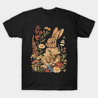 Cottagecore Rabbit Wild Mushroom Spring Flowers Fungus Garden Rabbit Lover T-Shirt